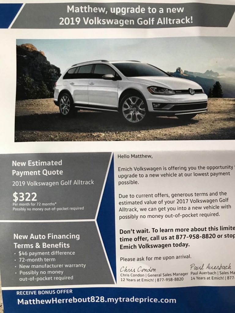 Colorado dealers are really trying to move remaining 2019 Alltracks... here's a mailer
