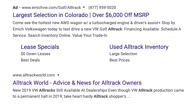  here's a Google Local Search ad that triggered when I searched for "Alltrack World"