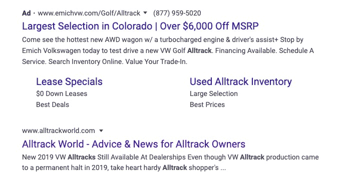 here's a Google Local Search ad that triggered when I searched for "Alltrack World"